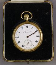 An 18ct gold gent’s open-face pocket watch, the white enamel dial with black roman numerals &