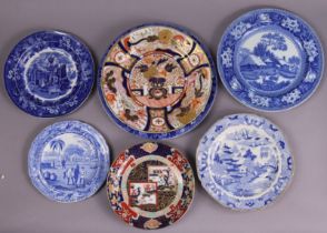 Three various Wedgwood blue transfer decorated plates; 23, 20.5, & 17.5cm dia.; a Miles Mason blue