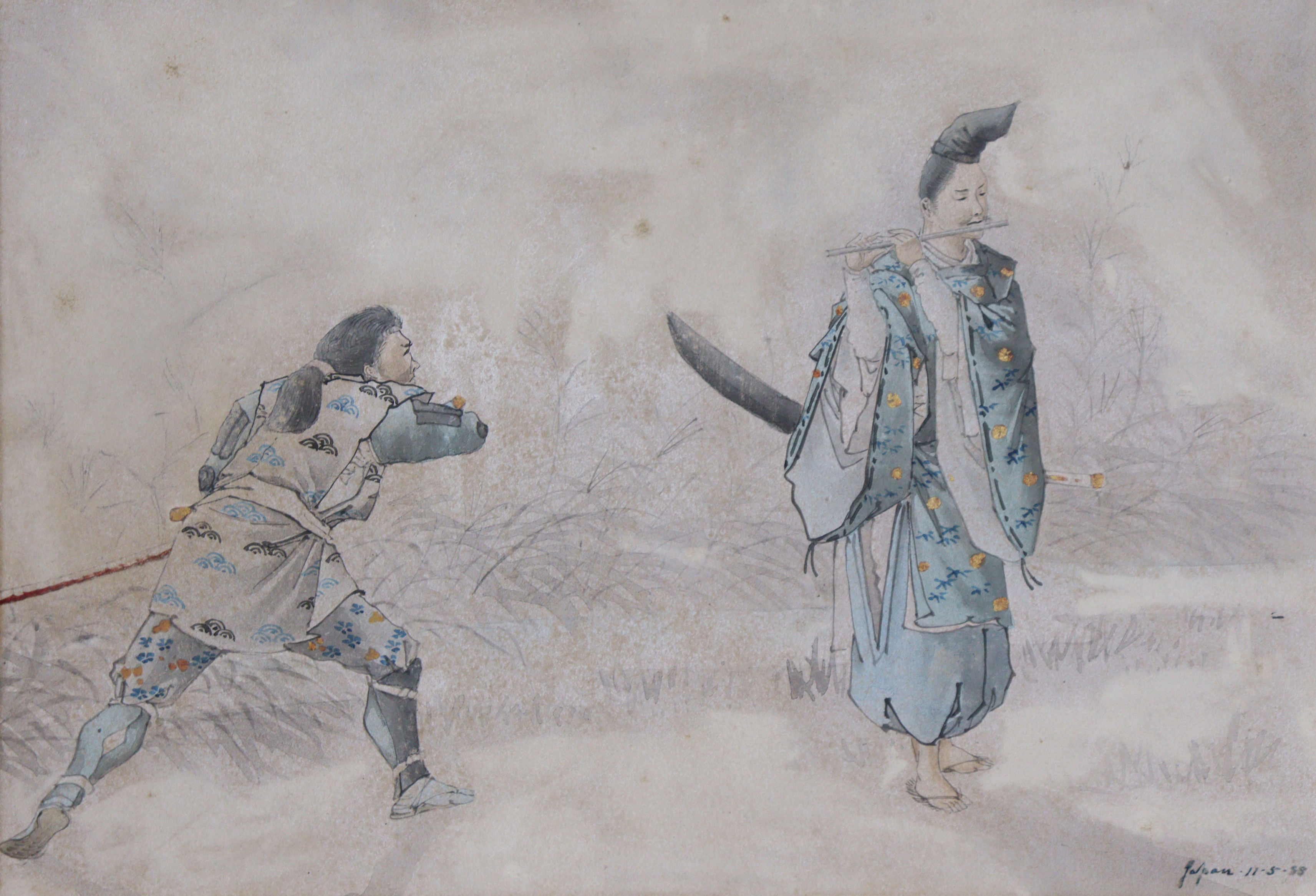 Manner of JOHN VARLEY, Jnr, a study of two Samurai, pen & watercolour heightened with gilt,