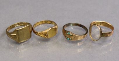 Four various 9ct gold rings (11g total).
