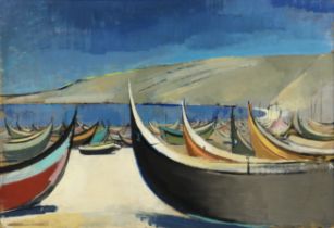 CYNTHIA TEW (b. 1909) A mediterranean coastal scene with beached fishing boats, singed & date ’54;