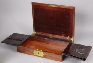 An early Victorian mahogany & brass inlaid travelling writing case, the hinged lid revealing morocco