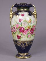 A Noritake tall slender ovoid two-handled vase painted with mixed flowers, the neck & lower part of