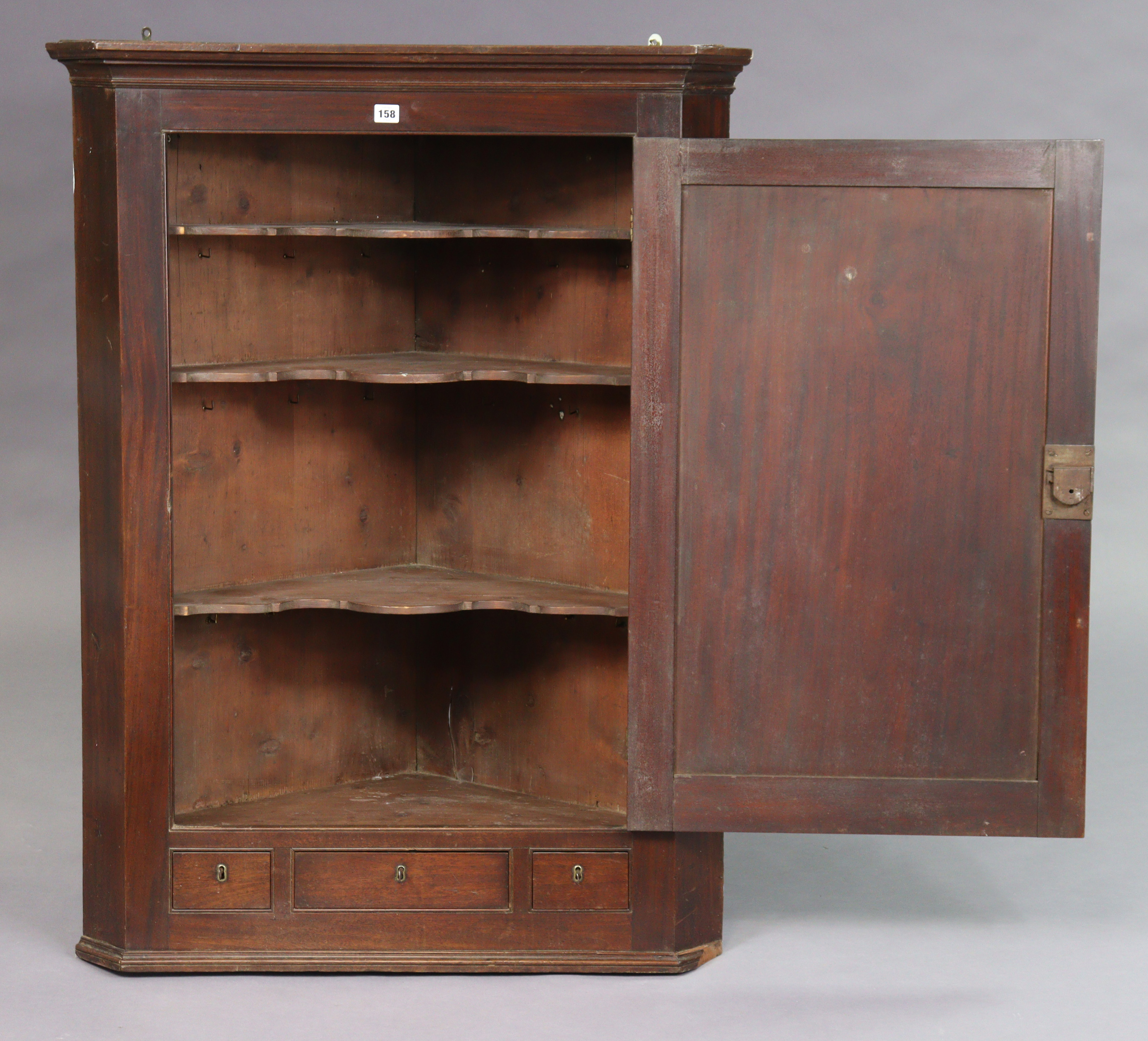 A 19th century mahogany large hanging corner cabinet with three small drawers, 91cm wide x 120. - Image 2 of 6