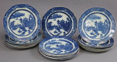 Seventeen 19th century pearlware blue transfer “Willow” pattern plates, 24cm dia. (part w.a.f., some