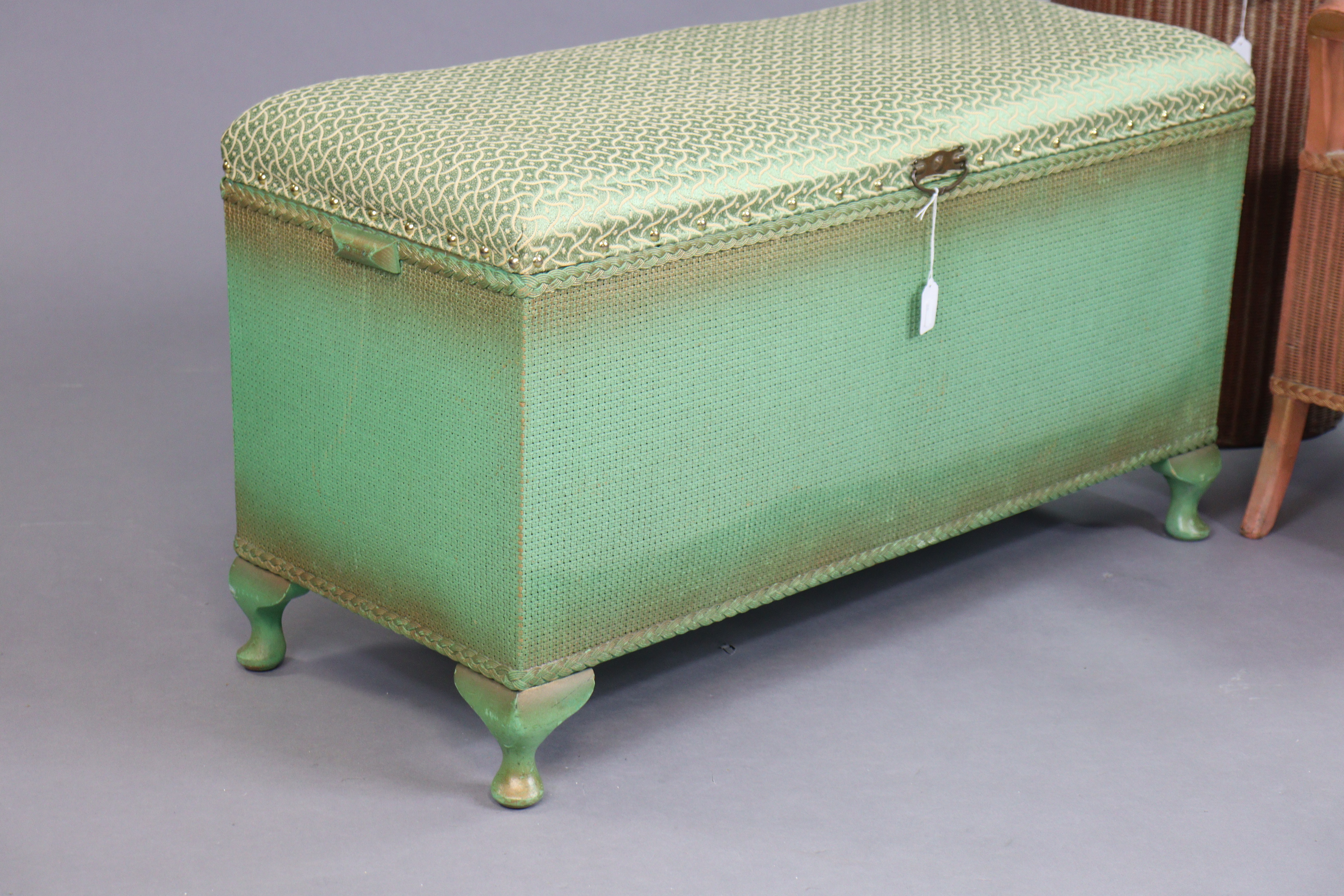 A Lusty’s Lloyd Loom pink painted cylindrical linen box; a similar Sirram box-seat stool; & a - Image 2 of 8