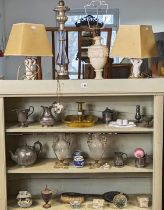 Four table lamps; a brass chamber candlestick; a silver-plated oval two-handled tea tray; & sundry