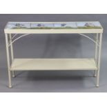 An off-white painted iron rectangular two-tier side table inset Italian polychrome faience tiles to