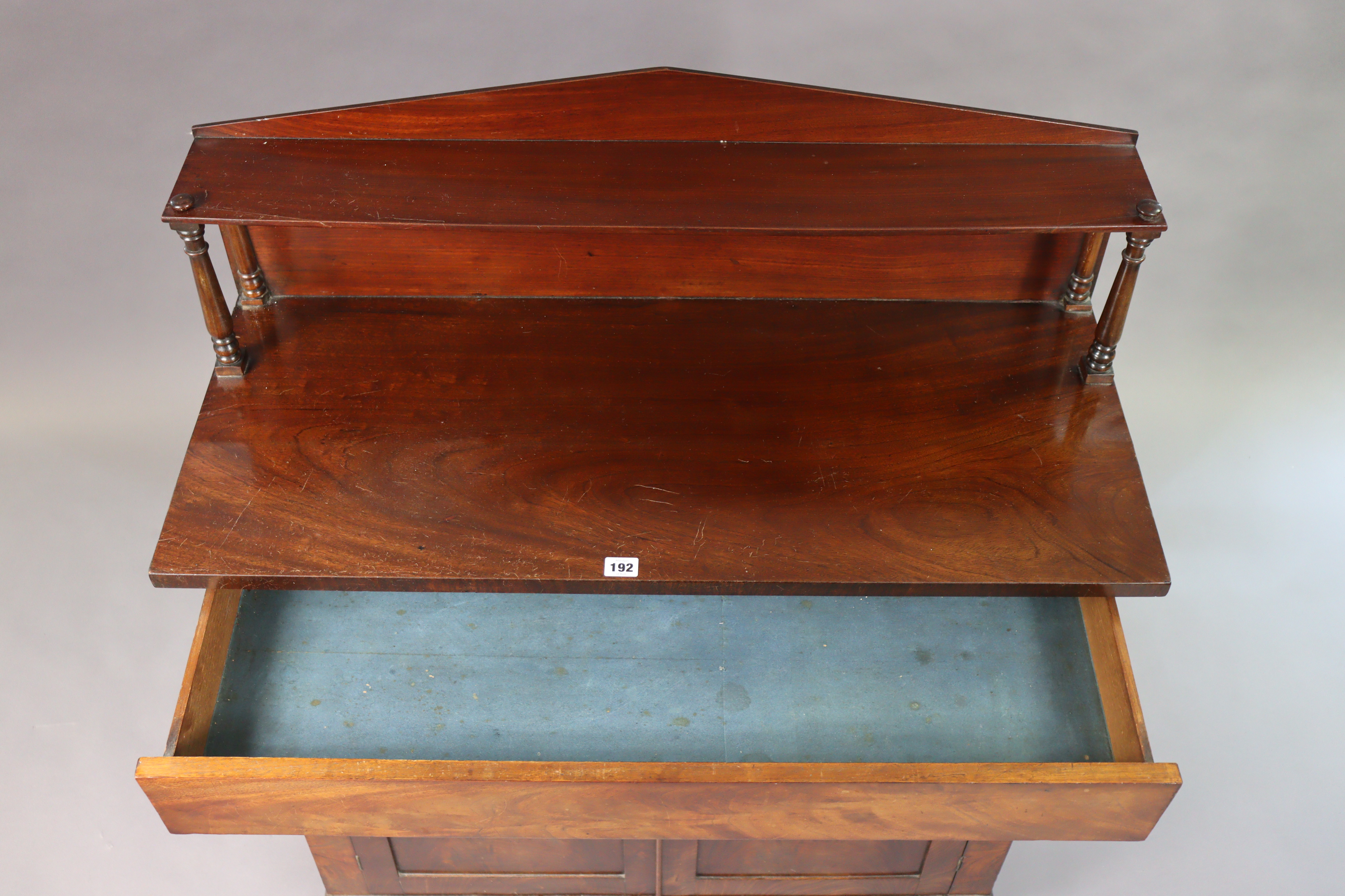 A 19th century mahogany chiffoniere with an open shelf to the stage back, fitted frieze drawer above - Image 3 of 5