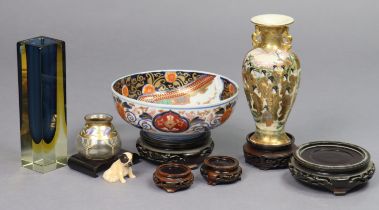 A Japanese Imari pottery bowl with figure-scene decoration, 21cm diameter; a satsuma pottery ovoid