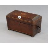 A 19th century inlaid-mahogany two-division tea caddy (lacking mixing bowl), slight faults, 30cm