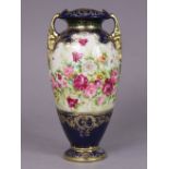 A Noritake tall slender ovoid two-handled vase painted with mixed flowers, the neck & lower part