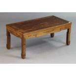 A Chinese teak rectangular low coffee table on four square legs, 91cm wide x 38cm high x 45.5cm