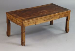 A Chinese teak rectangular low coffee table on four square legs, 91cm wide x 38cm high x 45.5cm