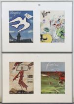 Four vintage coloured lithograph “Vogue” magazine front covers, displayed in a pair of glazed