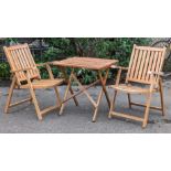 A pair of wooden slatted fold-away garden chairs, & a ditto folding table.