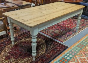 A pine farmhouse table with four-board scrub-top on light-blue painted turned supports, 195cm long x