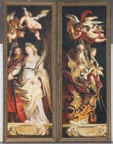 A modern pair of large oil paintings on canvas after Peter Paul Rubens “Raising of the cross Sts.