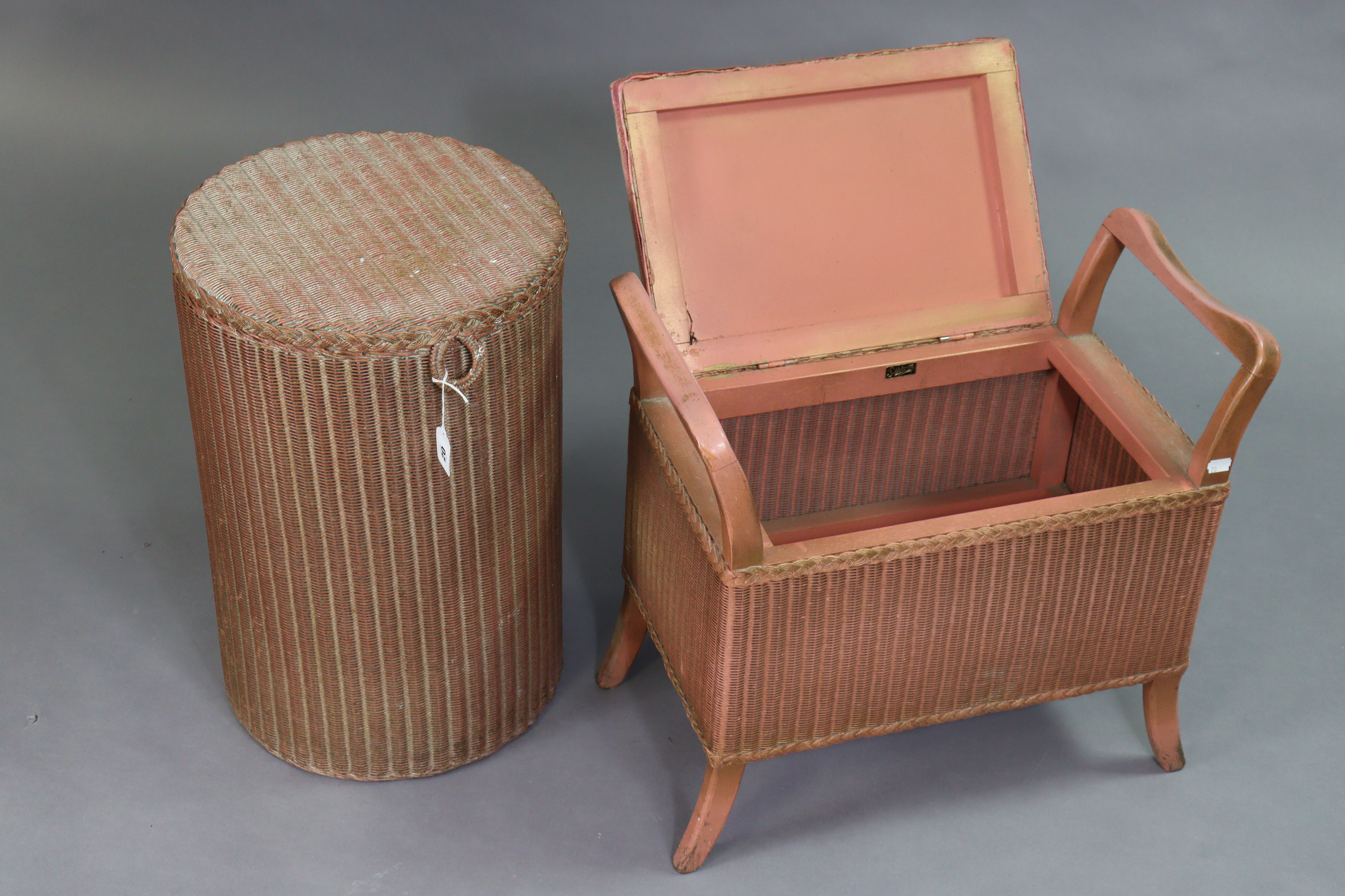 A Lusty’s Lloyd Loom pink painted cylindrical linen box; a similar Sirram box-seat stool; & a - Image 5 of 8