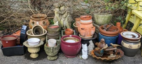 A reconstituted stone ‘three graces’ garden statue, 83cm high; & various other garden statues, pots,