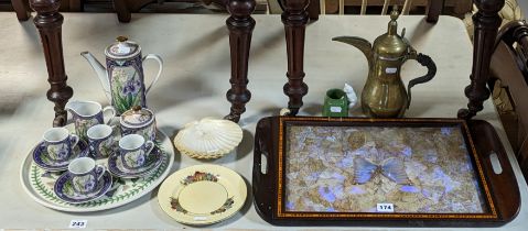 An inlaid-walnut rectangular tea tray inset with moth wings, 52cm x 33cm; a Turkish brass coffee