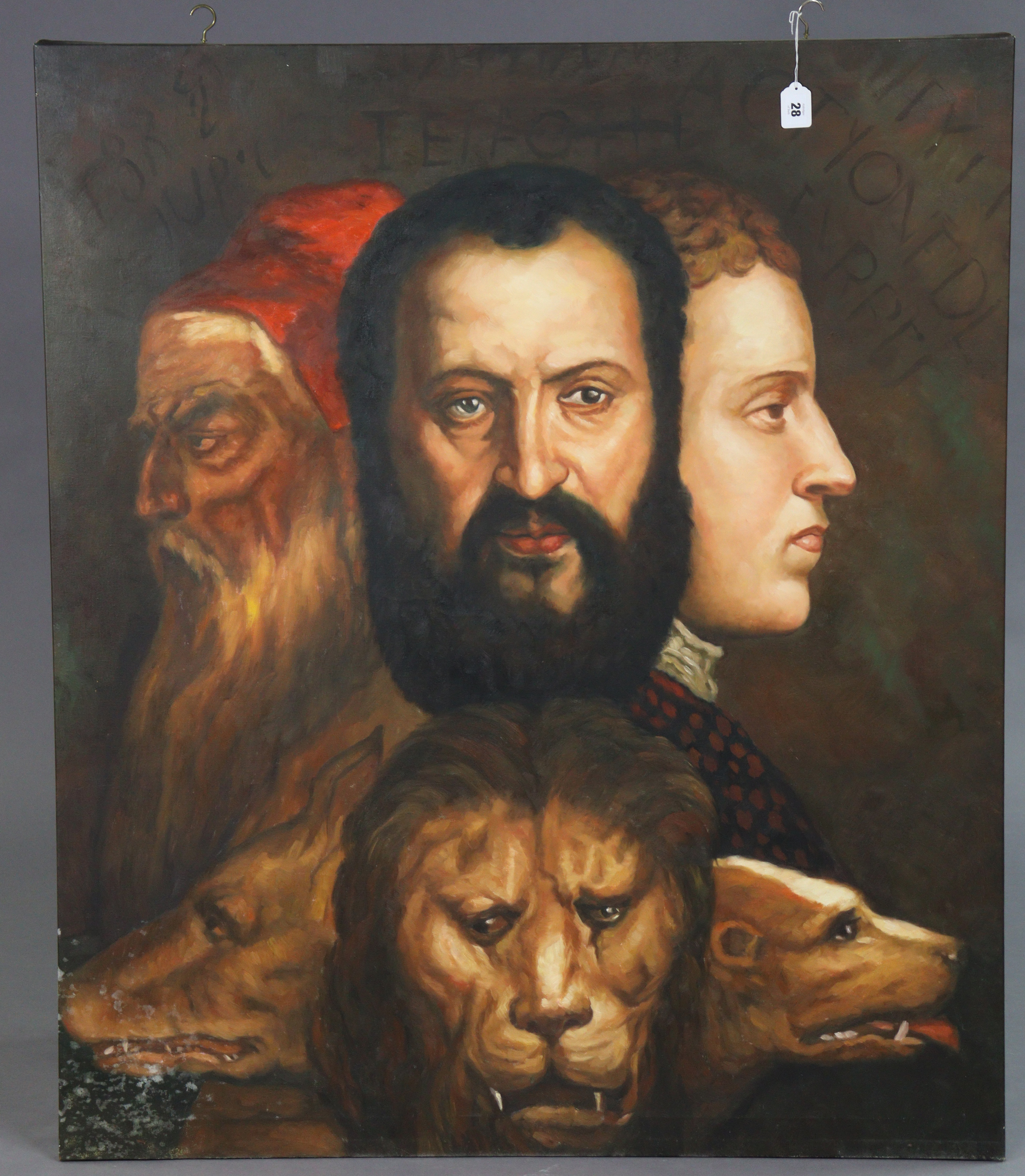 A modern large oil painting on canvas after Titian “An Allegory of Prudence”, 121cm x 103cm; & a - Image 2 of 5