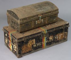 A black japanned-metal domed-top traveling trunk with a hinged lift-lid & with wrought-iron side