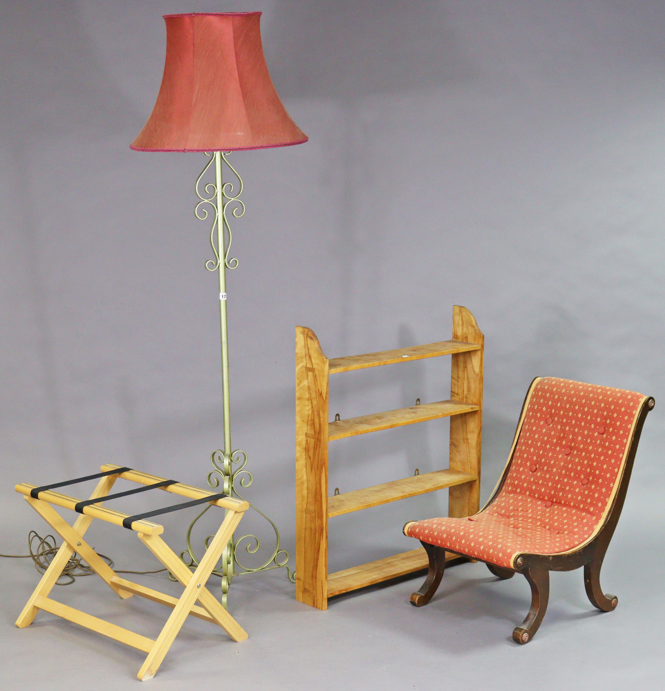 A gilt-finish wrought-iron standard lamp, with shade; together with a set of wall shelves, 74.5cm