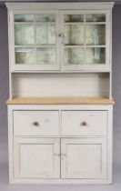 A light grey painted & natural pine dresser, the upper part fitted three shelves enclosed by a