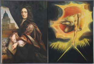 A modern large oil painting on canvas – portrait of Christopher Wren; & another large oil painting