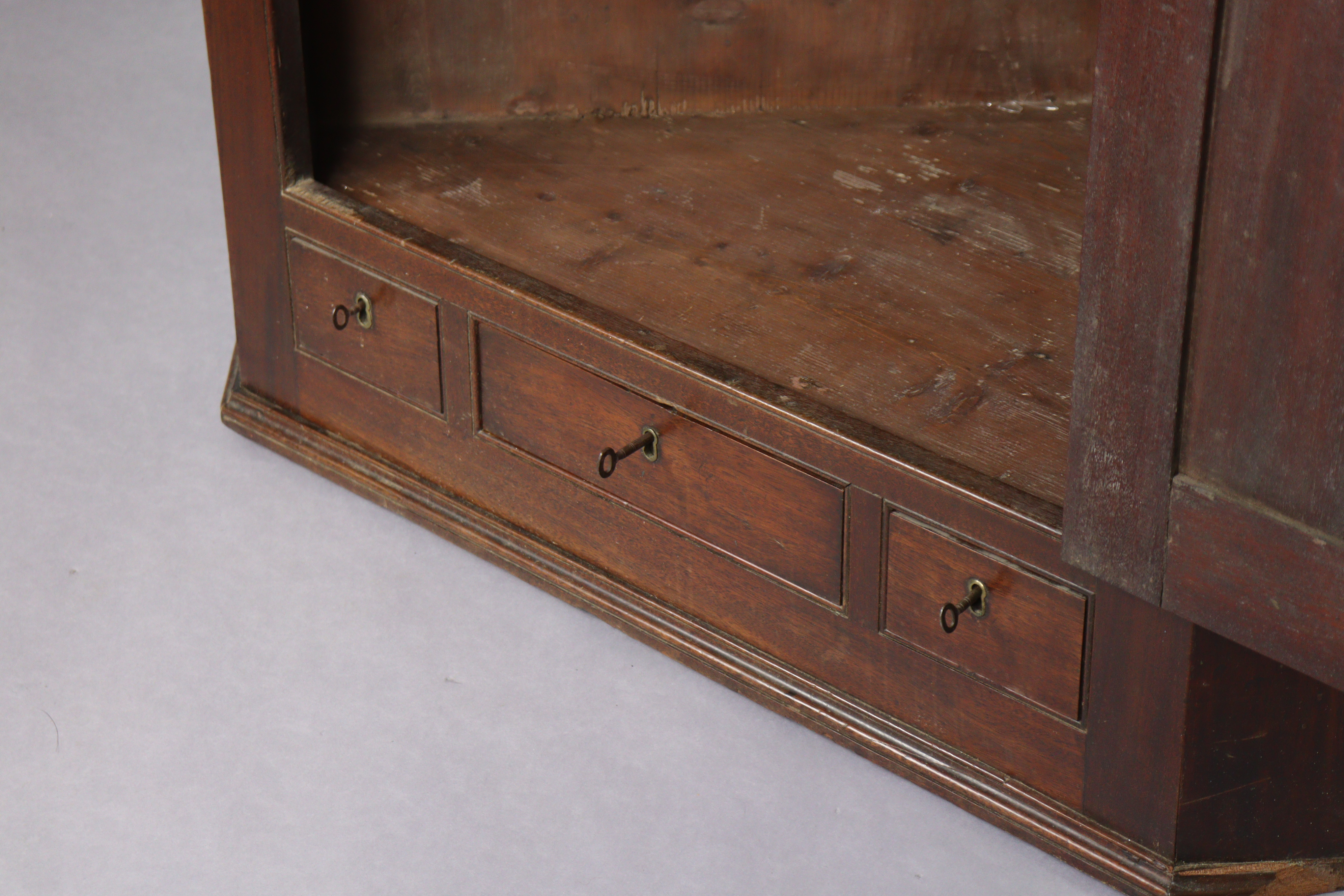 A 19th century mahogany large hanging corner cabinet with three small drawers, 91cm wide x 120. - Image 5 of 6