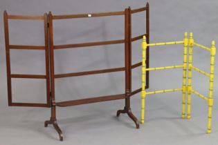 A continental-style green & yellow painted faux bamboo folding towel-rail, 76cm high; & a mahogany