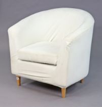 An Ikea tub-shaped chair upholstered off-white material, & on four round tapered legs.