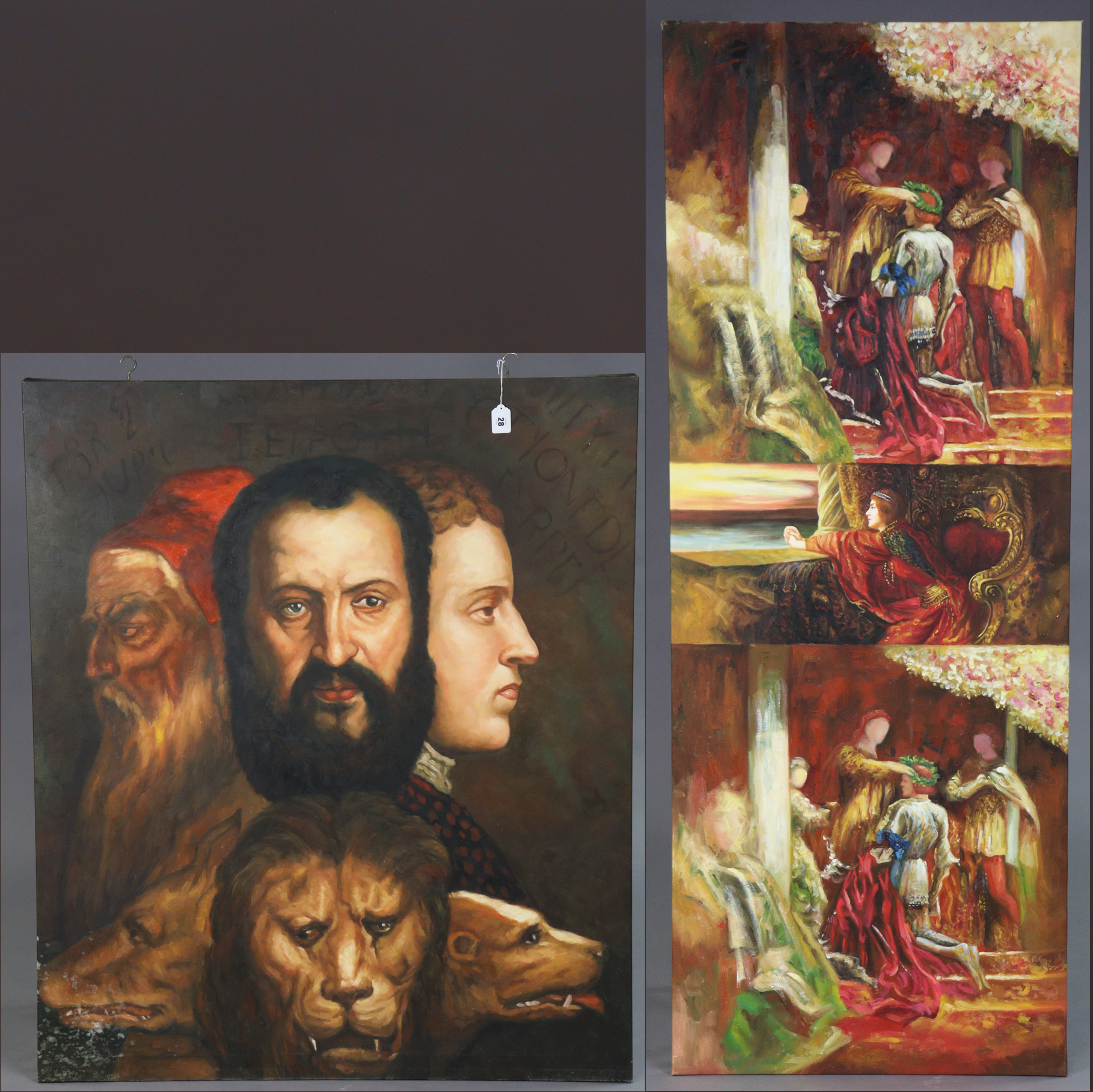 A modern large oil painting on canvas after Titian “An Allegory of Prudence”, 121cm x 103cm; & a