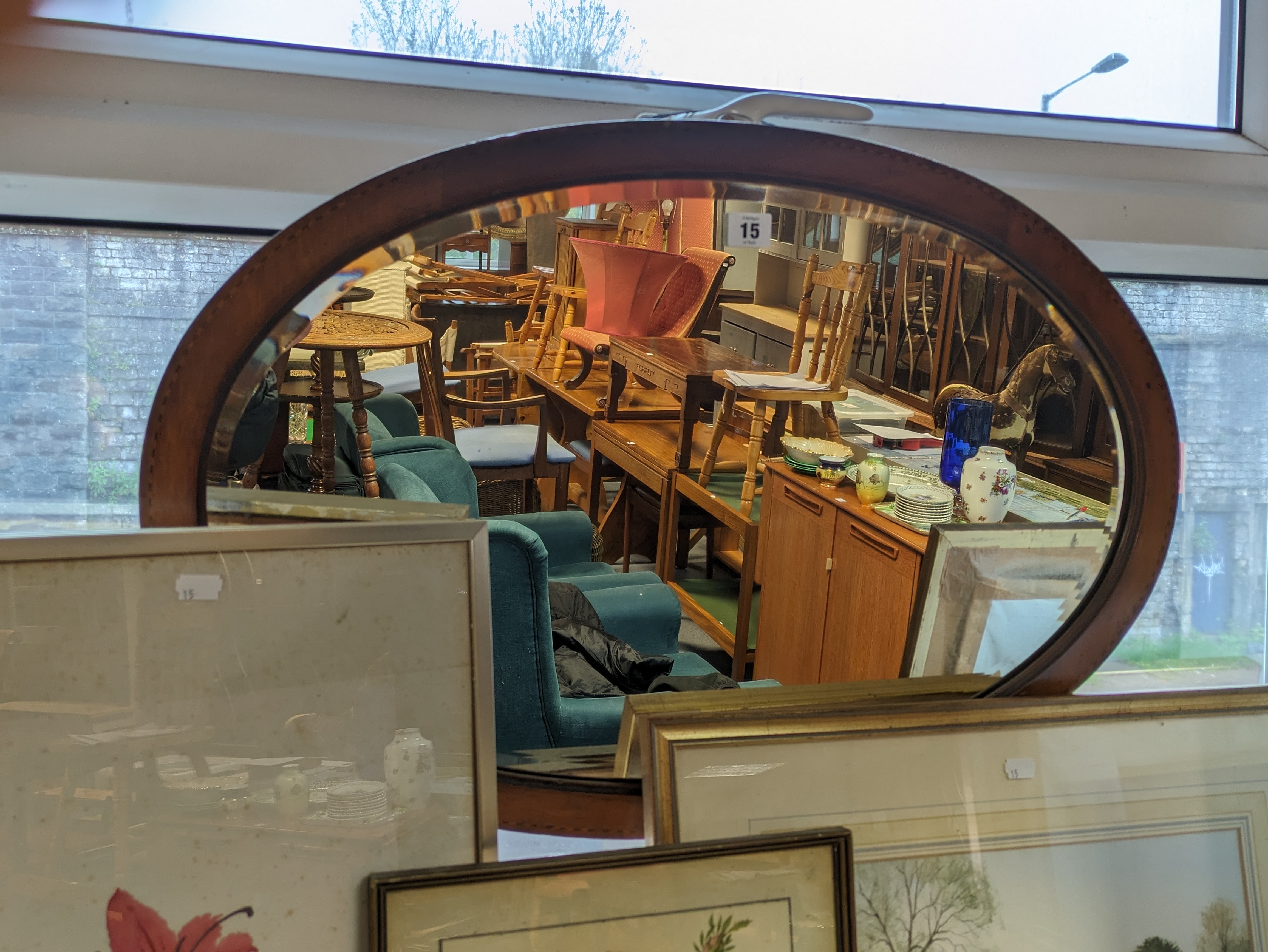 An Edwardian inlaid-mahogany frame oval wall mirror inset with a bevelled plate, 49cm x 74cm; - Image 7 of 8