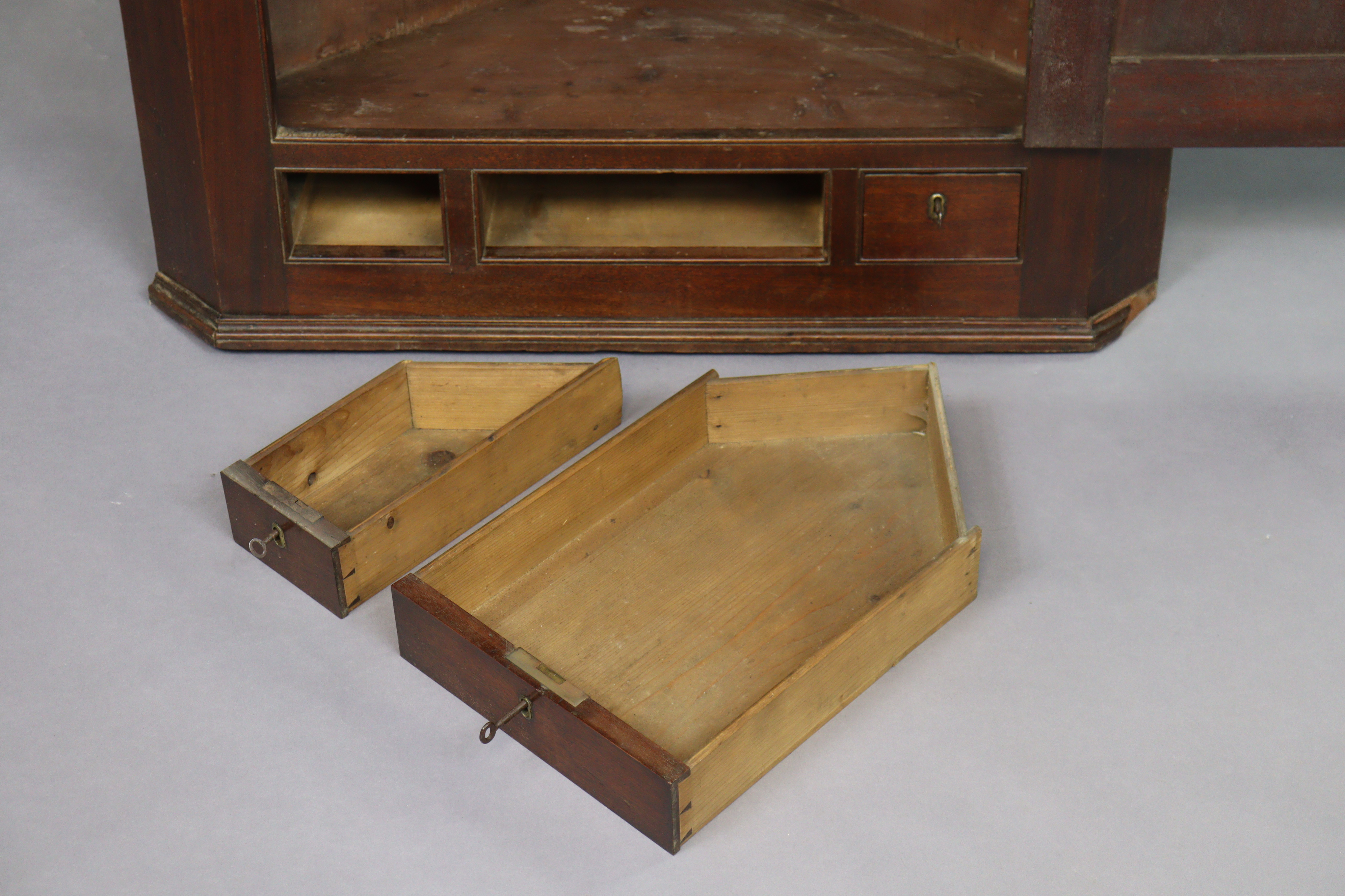 A 19th century mahogany large hanging corner cabinet with three small drawers, 91cm wide x 120. - Image 4 of 6