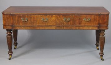 A 19th century mahogany break-front serving table fitted three frieze drawers, & on turned &