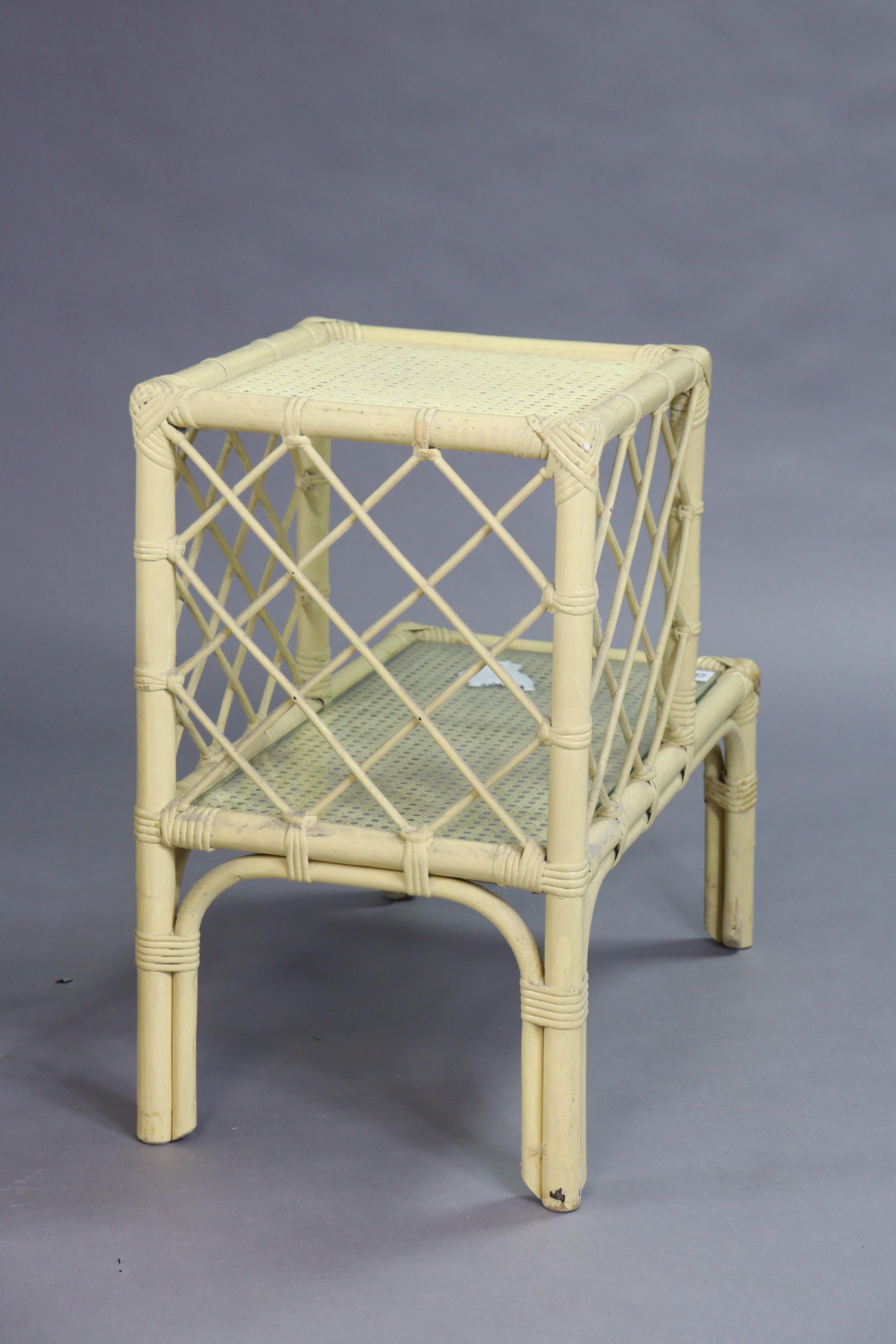 A pair of cream-painted wicker & cane two-tier occasional tables, each inset glass tops. - Image 4 of 5