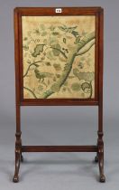 A 19th century inlaid-beech fire screen with an embroidered double-sided rise-&-fall panel, & on