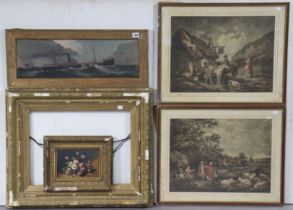 Various decorative paintings & prints; & a gilt-gesso rectangular picture frame, w.a.f.