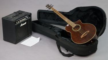 An Ibanez four-string semi-acoustic bass guitar cased; & a Marshall MB Series 30 practice