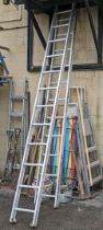 A Clima 6.3m aluminium extending ladder, & various garden & hand tools, etc