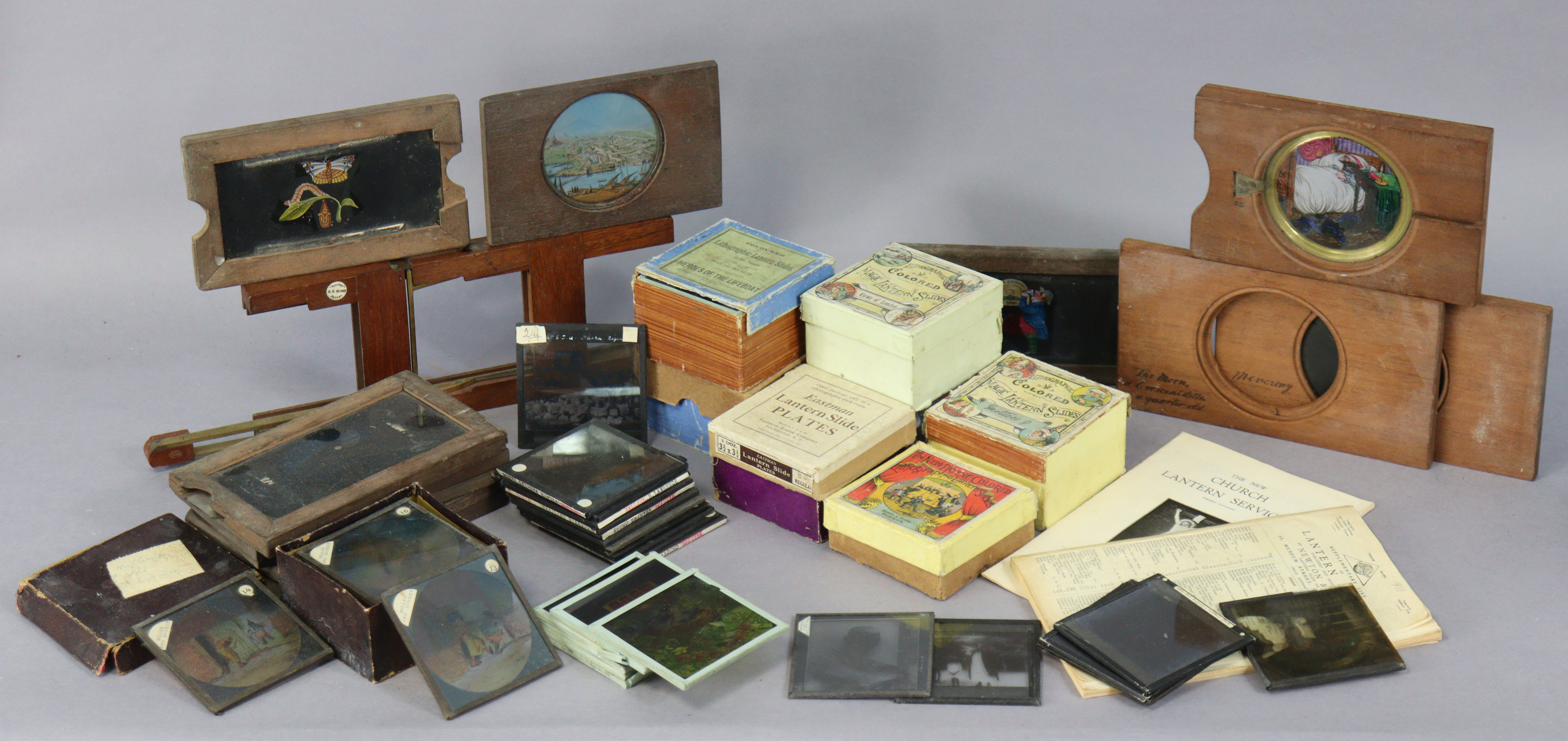 Various vintage assorted magic lantern sides, and associated items.