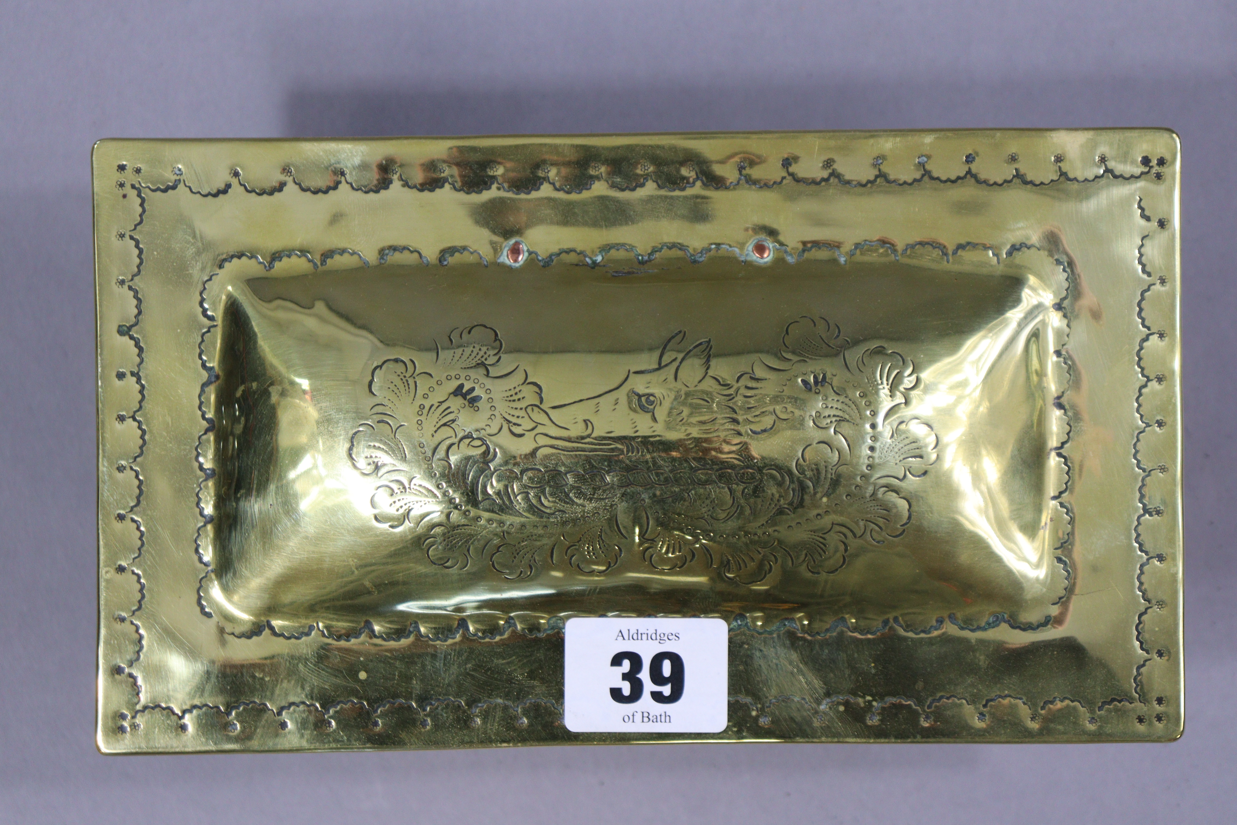An arts & crafts-style brass rectangular trinket box with an engraved boars-head to the hinged - Image 2 of 3
