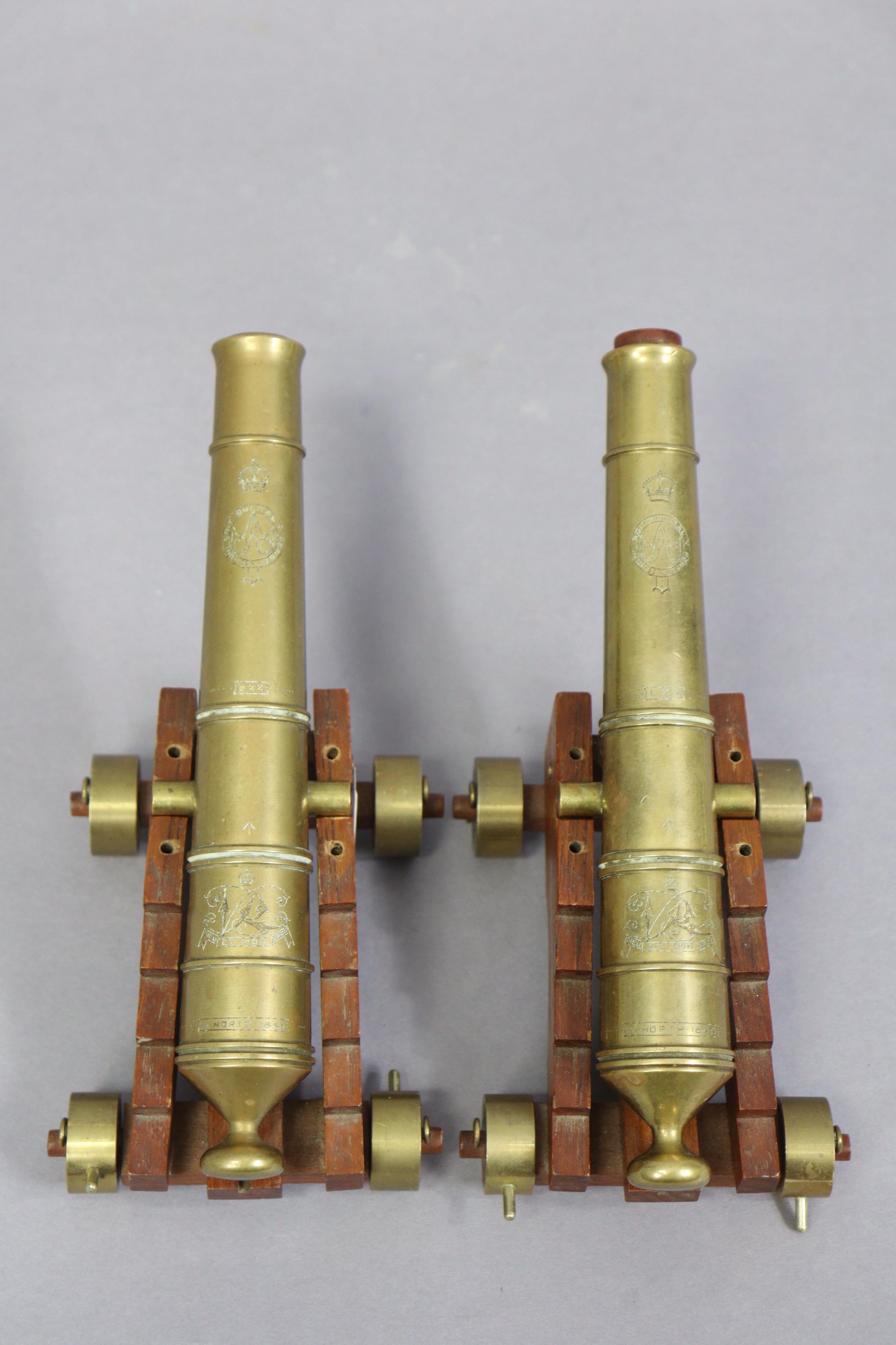 A pair of brass cannons, each inscribed “W. NORTH 1848” & with a military arrow, & each mounted on - Image 3 of 8