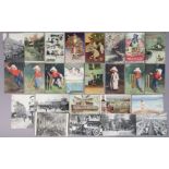 Thirty-two various vintage loose postcards including five Kinsella cricket cards.