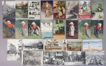 Thirty-two various vintage loose postcards including five Kinsella cricket cards.