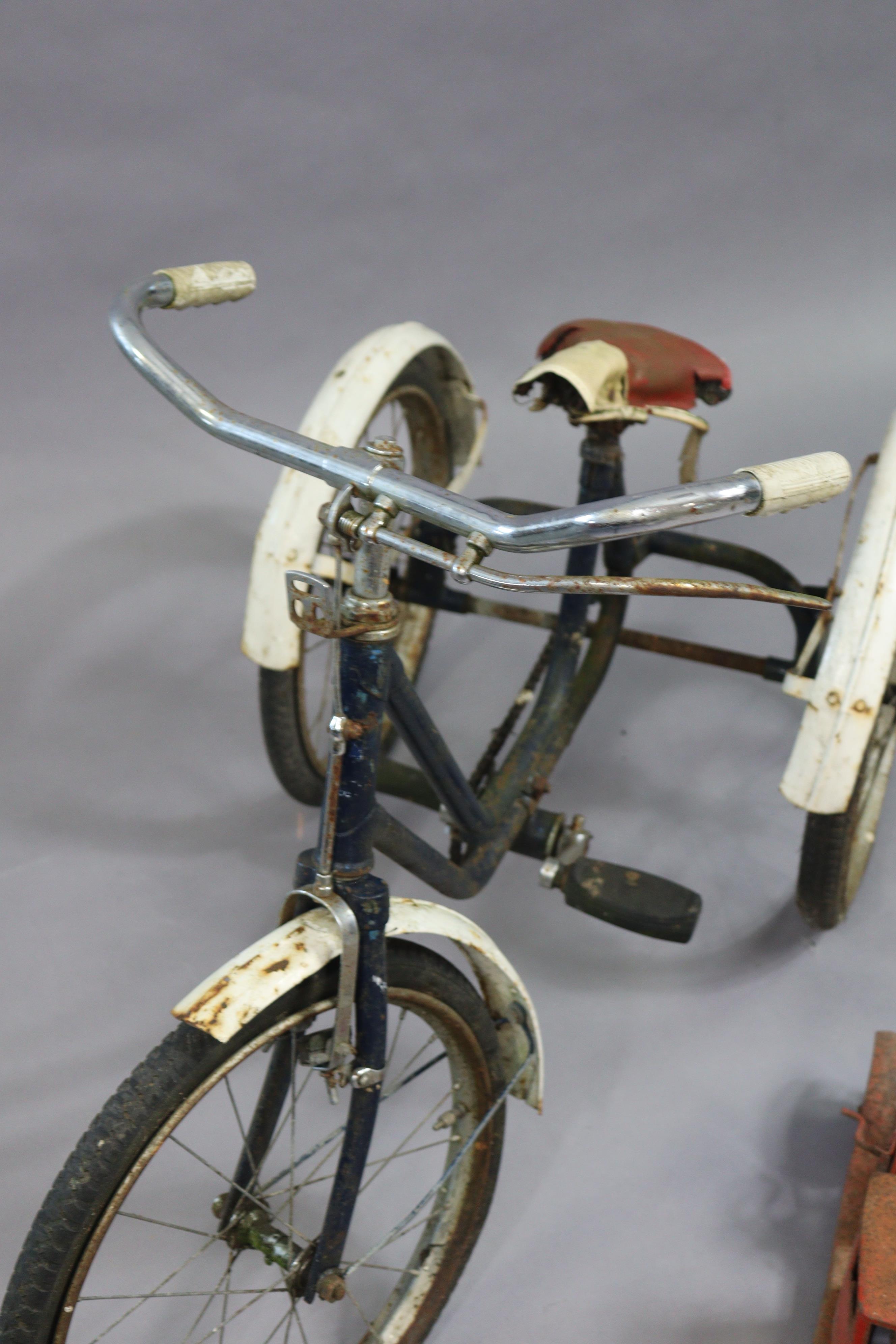 A mid-20th century child’s tricycle (blue) and a triang-type model two-truck, 42cm long. - Image 3 of 5