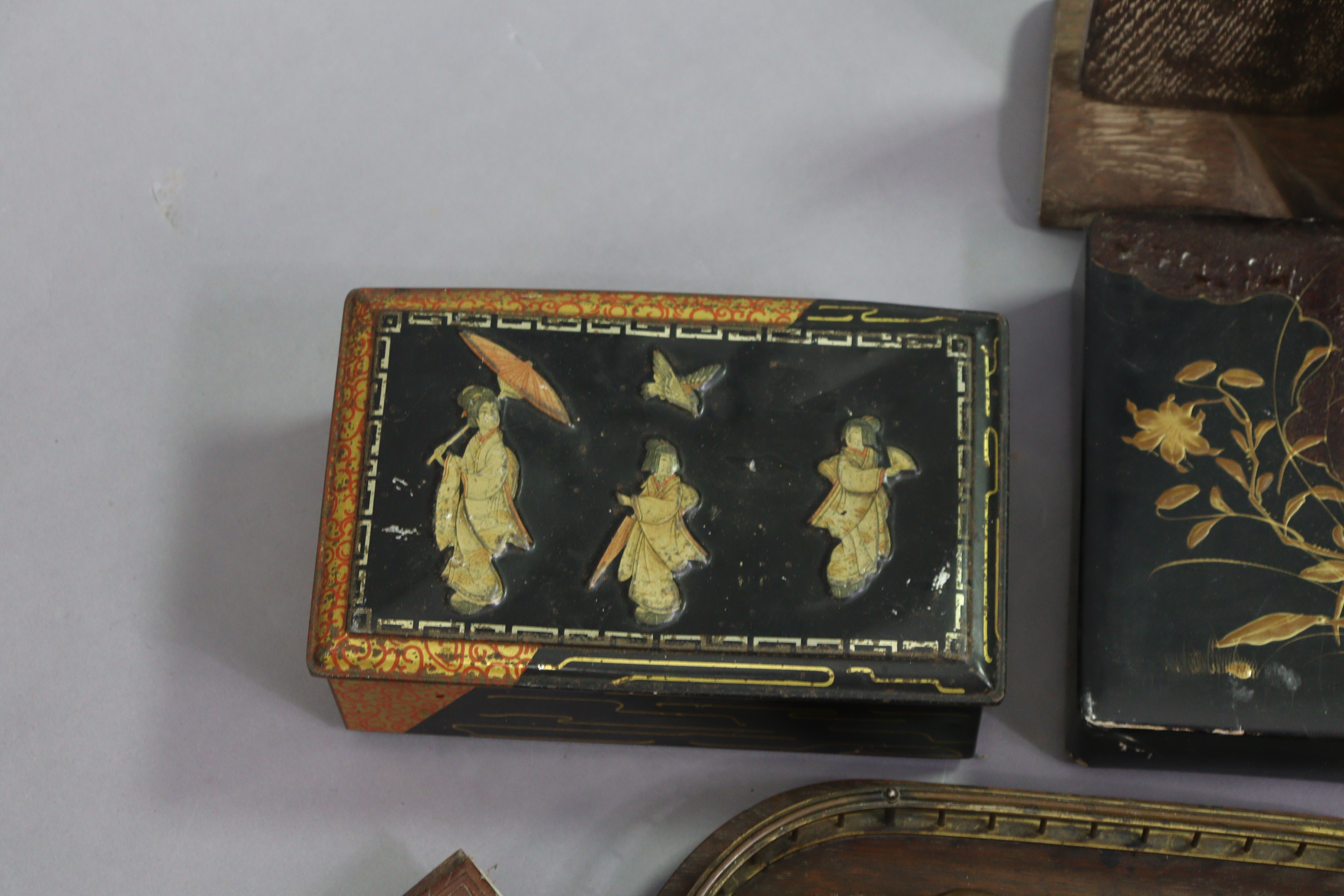 An oak desk inkstand fitted with a pair of glass inkwells; two lacquered trinket boxes; a pair of - Image 3 of 5