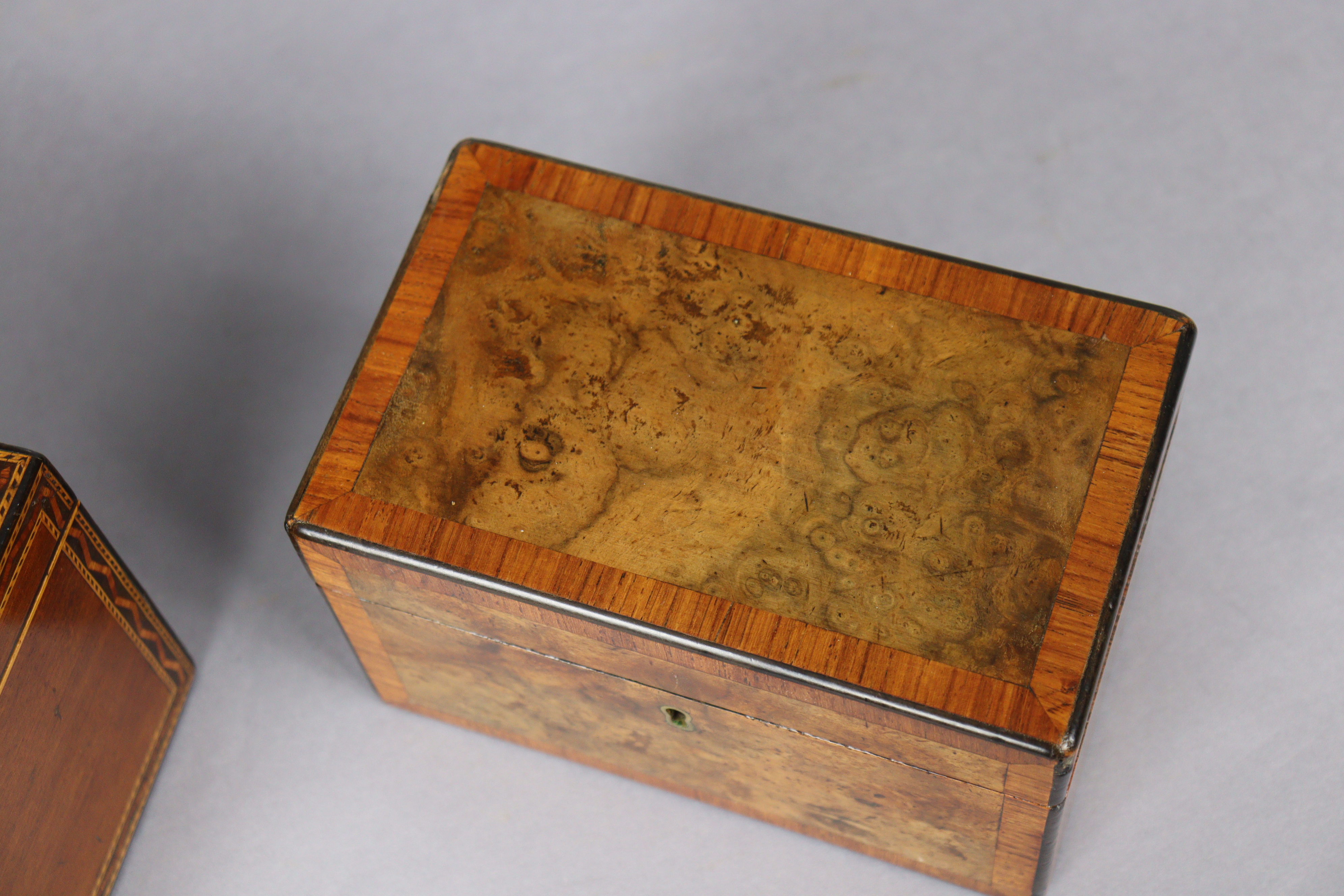 An early 19th century inlaid-mahogany two-division tea caddy, 23cm wide x 12.7cm high x 12.7cm deep; - Image 5 of 7